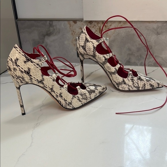 Manolo Blahnik Sz 39 Rogustta Snakeskin Leather Pumps W Red Leather Ties - New - Picture 2 of 10